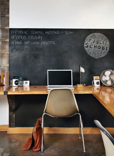Classroom desk with a laptop, chair, and chalkboard displaying a checklist and "Public School" logo