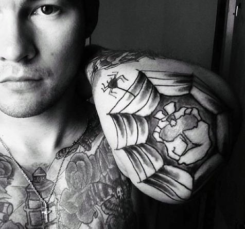 Cool Male Spider Web Elbow Tattoo Design Ideas