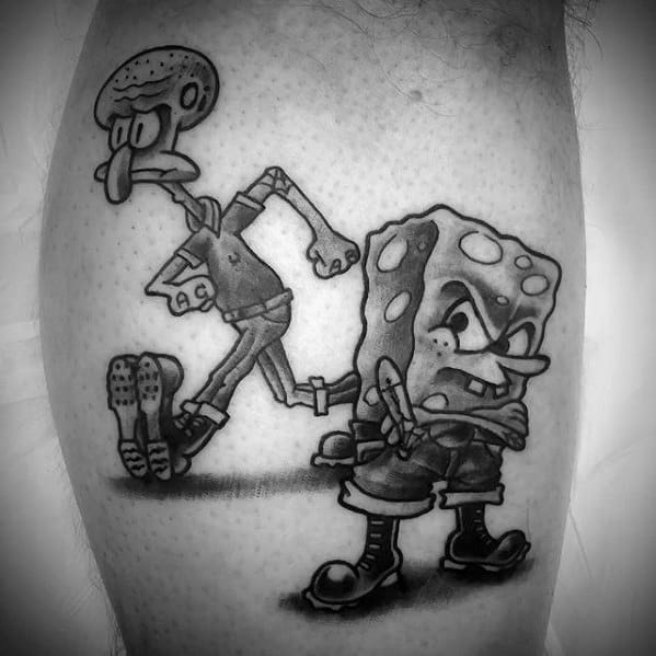 Black and gray tattoo of SpongeBob walking away angrily with crossed arms while Squidward tiptoes nervously behind him.