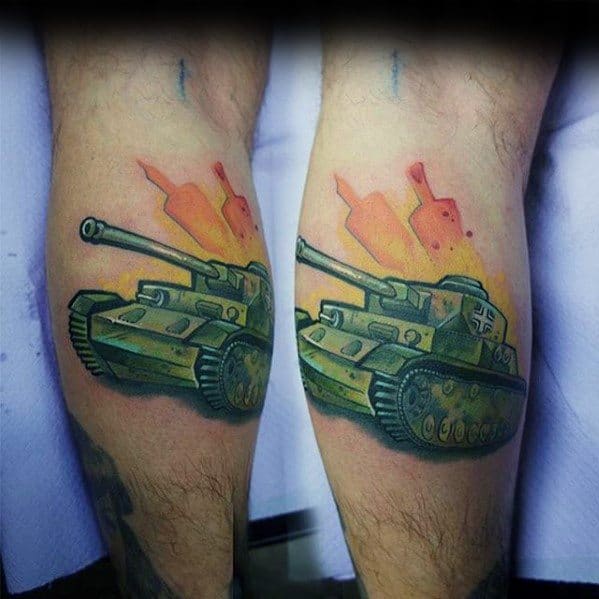 Colorful cartoon-style tank tattoo with a green armored vehicle and vibrant orange-red explosion in the background on the calf.