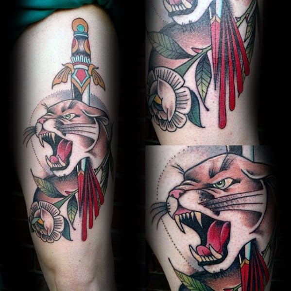 Cool Male Thigh Mountain Lion Tattoo Designs