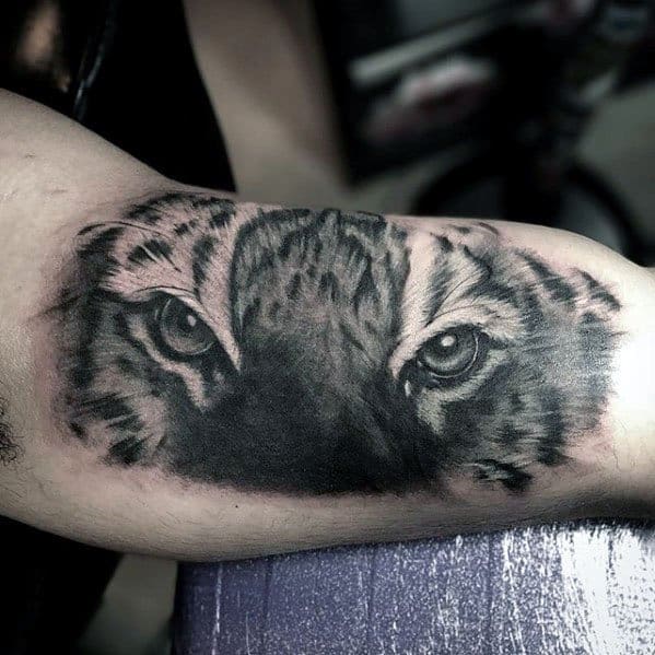 Cool Male Tiger Eyes Tattoo Designs On Bicep