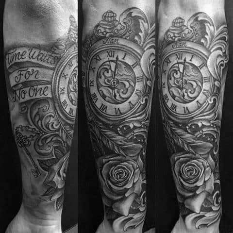 Forearm tattoo with a vintage clock, intricate shading, roses, and scroll text reading Time Waits for No One in black and grey ink.