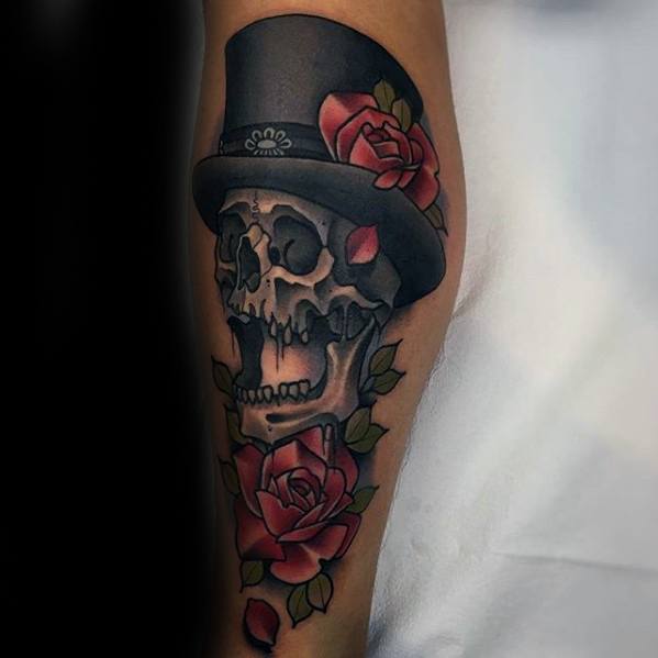 Cool Male Top Hat Skull And Rose Flower Leg Tattoo Designs