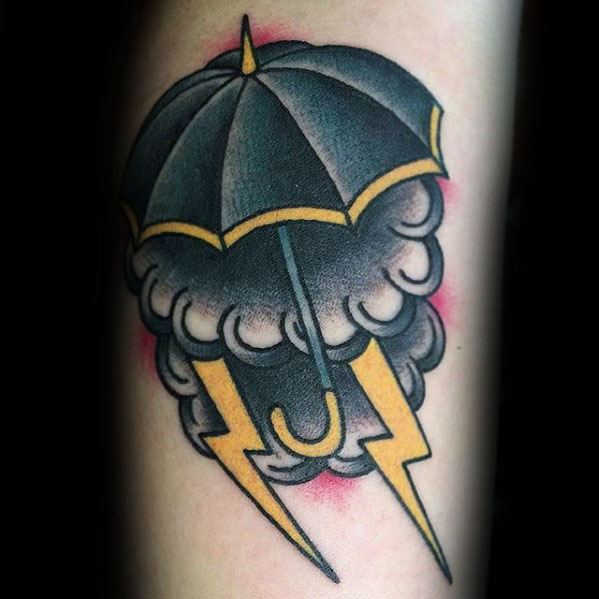 Cool Male Umbrella With Cloud And Lighting Forearm Tattoo Designs