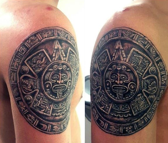 Cool Male Upper Arm Mayan Calender Tattoo Designs