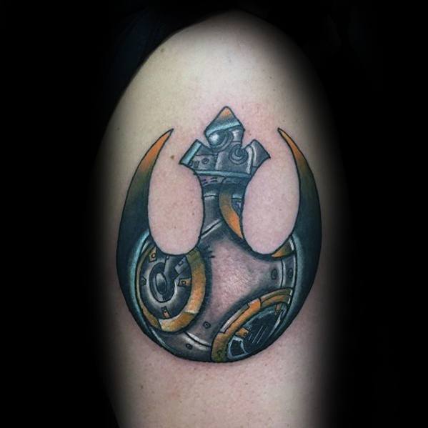 A tattoo of a steampunk Rebel Alliance symbol on an arm