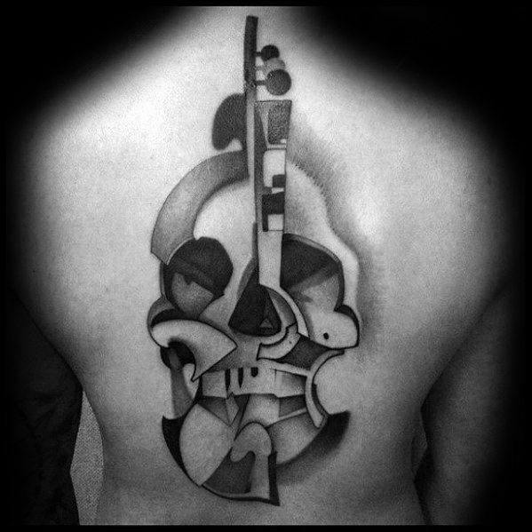 Abstract black and gray tattoo of a violin on the back, designed with geometric and cubist-style shapes for a bold, artistic interpretation.