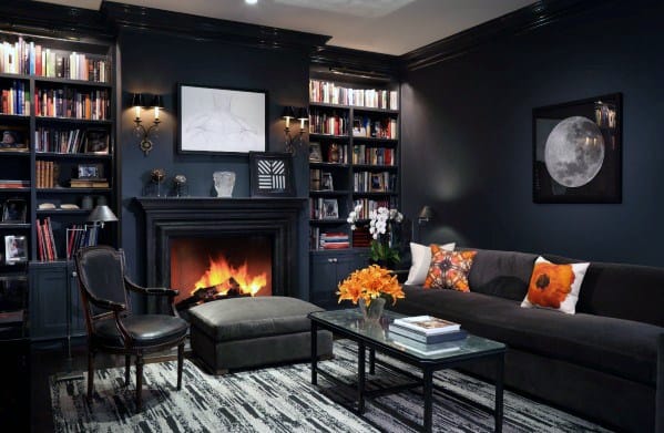 Cozy man cave with dark walls, bookshelf, fireplace, gray sofa, and orange flowers on a coffee table