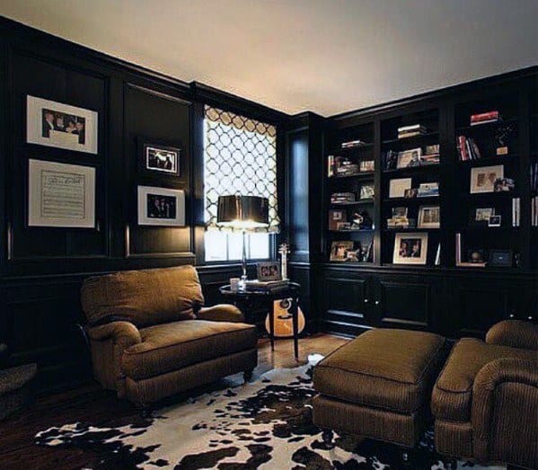 Cozy study with dark wood paneling, armchairs, a patterned rug, bookshelves—your perfect man cave