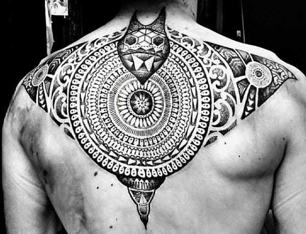 Cool Manta Ray Tribal Upper Back Tattoo Design Ideas For Male