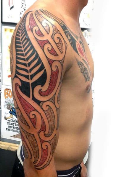Cool Maori Tattoo Design Ideas For Men Half Sleeve With Red And Black Ink