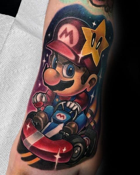 Vibrant *Mario Kart*-themed tattoo featuring Mario racing with a star power-up, dynamic motion, and bold colors for a high-energy design.