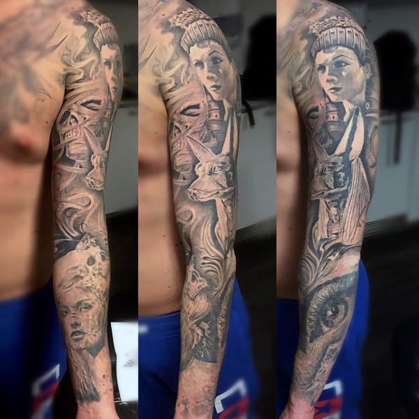 Cool Masculine Ancient Egypt Themed Anubis God Sleeve Tattoos For Guys