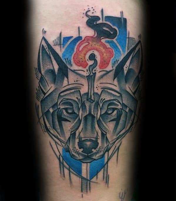 Geometric wolf tattoo with a burning match as the third eye, blending fire and animal spirit symbolism in bold colors and sharp lines.
