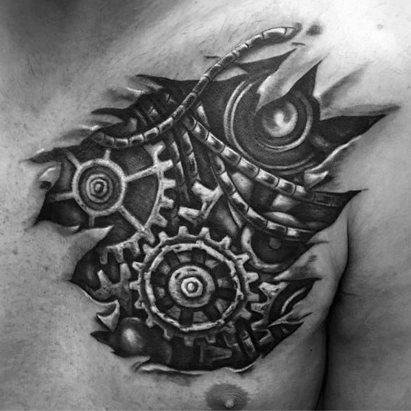 Cool Mechanical Gears 3d Mens Chest Cover Up Tattoo Ideas