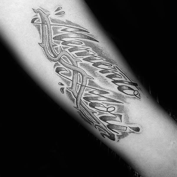 Cool Memento Mori Script Tattoo Design For Guys On Forearms