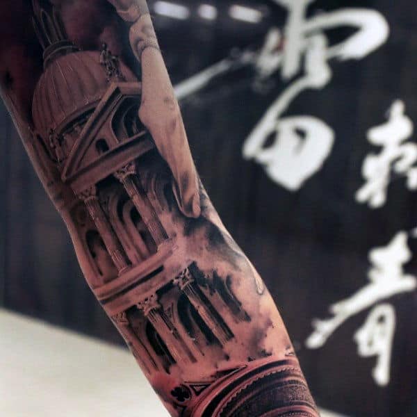 Cool Mens 3d Shaded Building Sleeve Tattoos