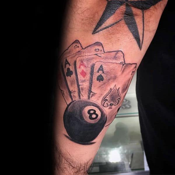 Cool Mens 8 Ball Playing Cards Tattoo On Forearm