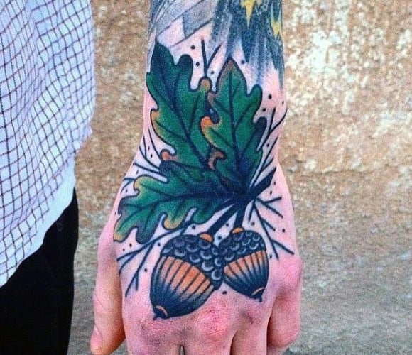 Cool Mens Acorn Hand Tattoos With Old School Deisgns