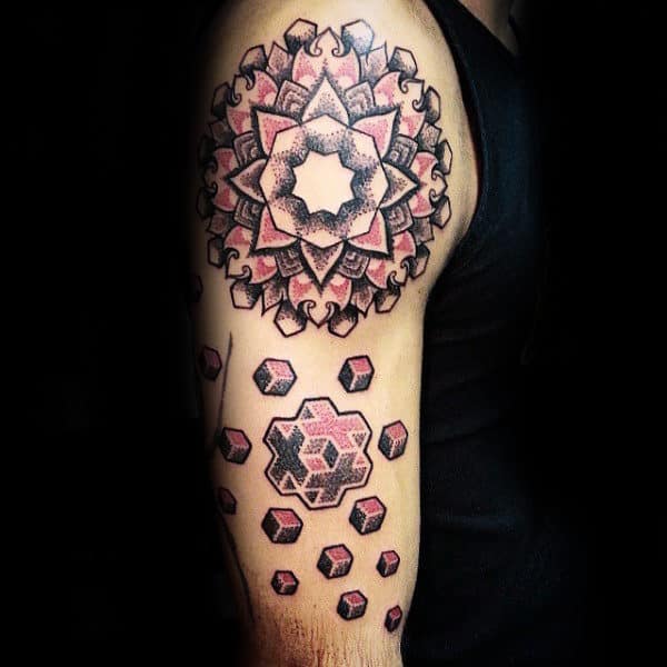 Cool Mens Amazing Dotwork Geometric Floral Upper Arm Tattoo