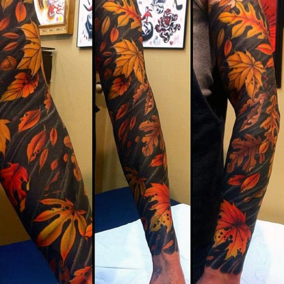 Cool Mens Autumn Leaves Tattoos Full Sleeves
