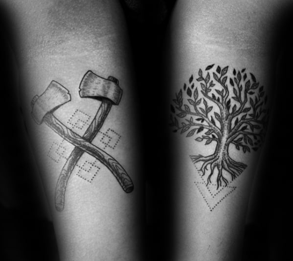 Cool Mens Axe With Geometric Tree Small Inner Forearm Tattoos