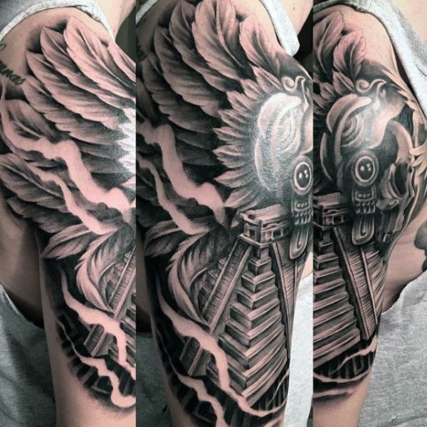Cool Mens Aztec Pyramid Half Sleeve Tattoo With Angel Wings Design