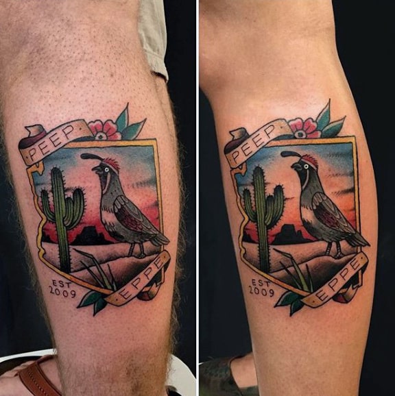 Cool Mens Bird With Cactus Tattoo On Calf Of Leg