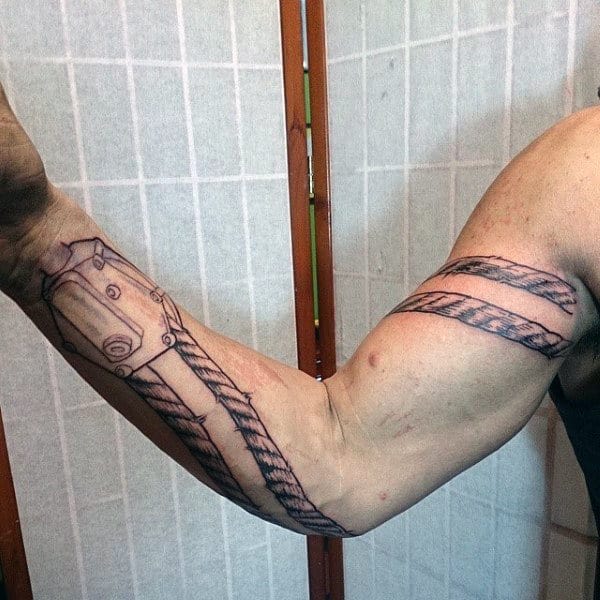 Cool Mens Black Ink Oilfield Rope Full Arm Tattoos