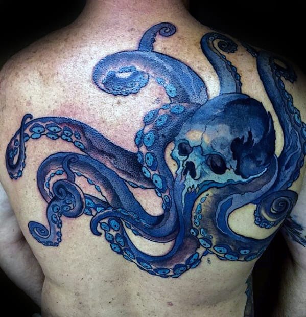 Cool Mens Blue Octopus Skull Back Tattoo