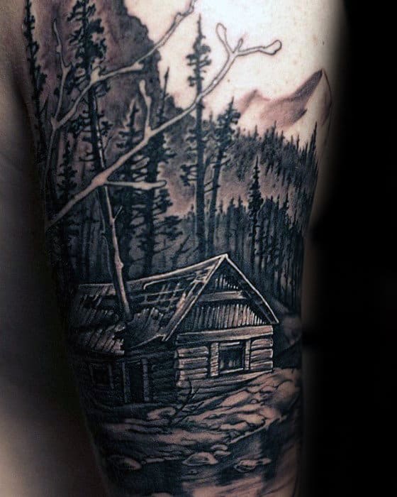 Cool Mens Cabin In The Woods Arm Tattoo Designs