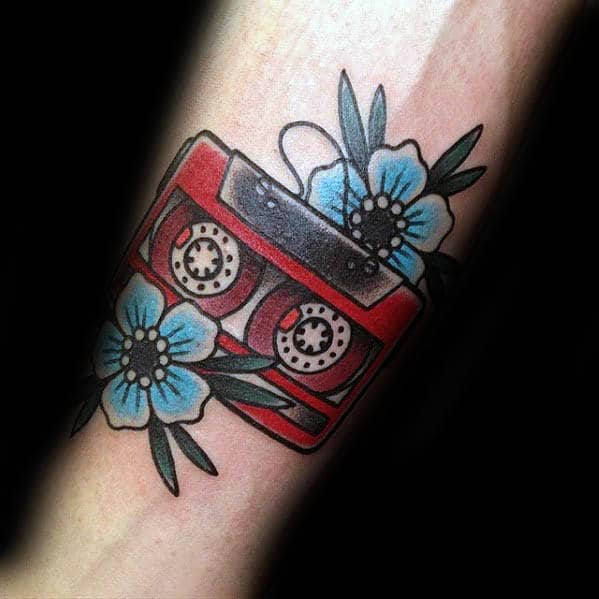 Cool Mens Cassette Tape Retro Inner Forearm Tattoo With Blue Flower Design