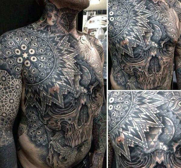 Cool Mens Chest Pattern Ornate Skull Tattoos