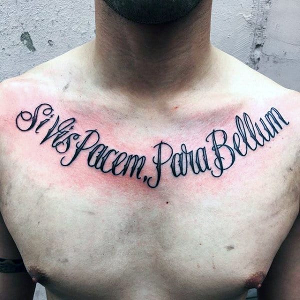 Cool Mens Collar Bone Lettering Tattoo Design Ideas