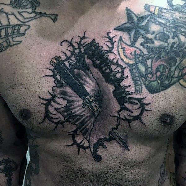 Cool Mens Dagger Seashell Chest Tattoo