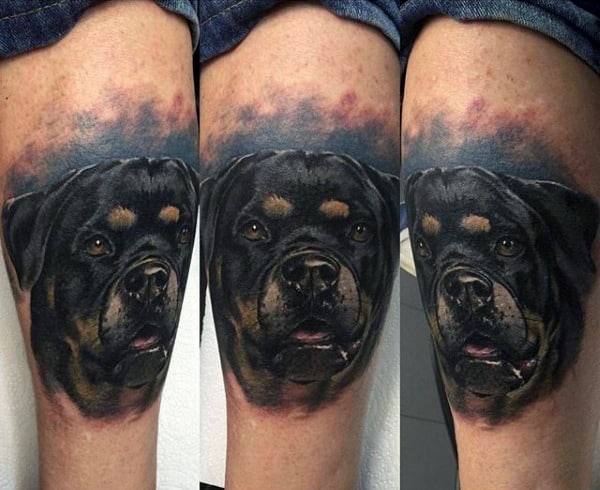 Cool Mens Dog Tattoo On Thigh With Watercolor Background