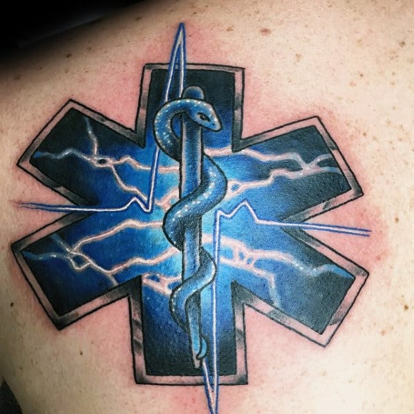 Cool Mens Electric Star Of Life Upper Back Shoulder Tattoos