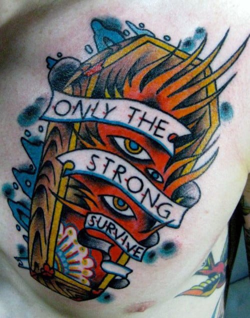 Cool Mens Flaming Casket Only The Strong Survive Chest Tattoo