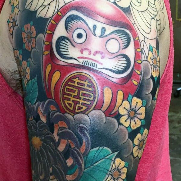 Cool Mens Flora Daruma Doll Arm Tattoos