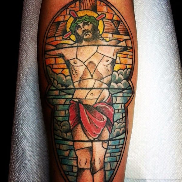 Cool Mens Forearm Stained Glass Tattoo Of Jesus Christ