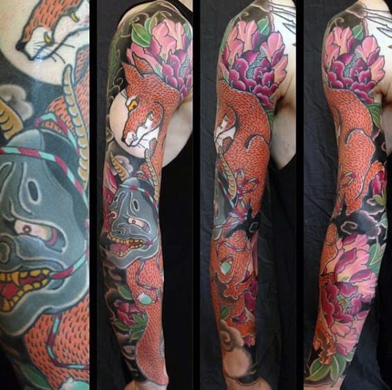 Cool Mens Fox Peony Full Sleeve Tattoos