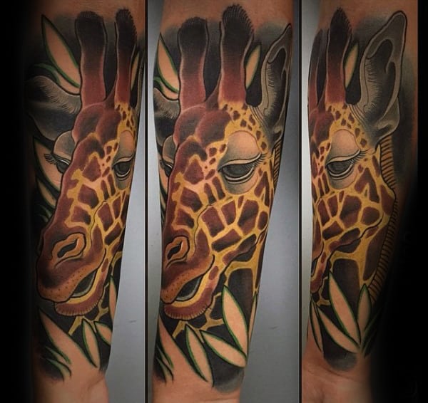 Cool Mens Giraffe Leaves Forearm Sleeve Tattoo
