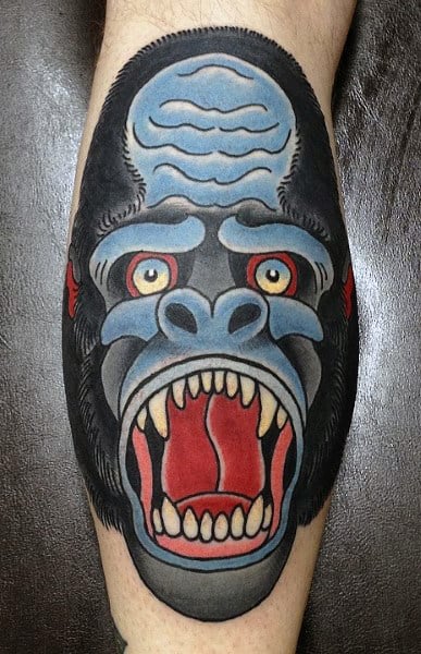 Cool Mens Gorilla Art Tattoo On Back Of Leg Calf