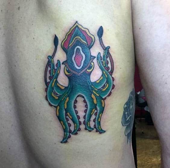 Cool Mens Green Squid Tattoo On Back Of Body