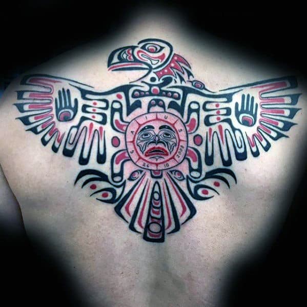Cool Mens Haida Tribal Bird Eagle Upper Back Tattoo Ideas