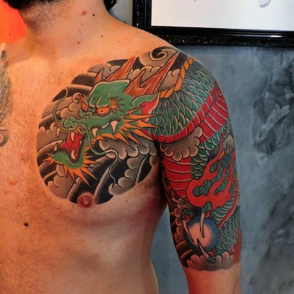 Cool Mens Half Sleeve And Chest Japanese Dragon Tattoo