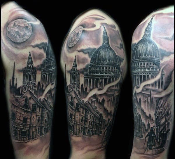 Cool Mens Half Sleeve Building Tattoos