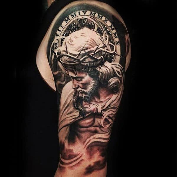 Cool Mens Half Sleeve Tattoo Of Jesus Christ