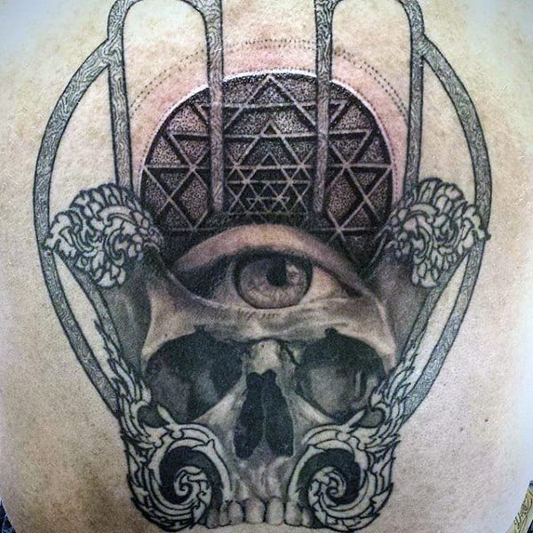 Cool Mens Hamsa Skull With Eye Tattoo On Back